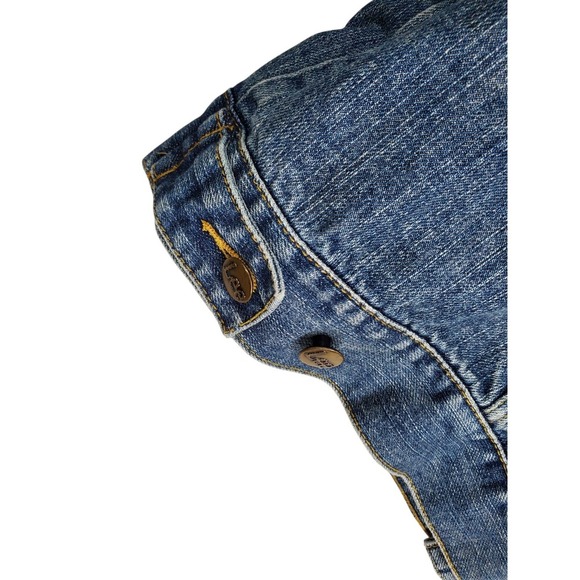 Lee Wrangler Trucker Denim Jacket Mens M Blue Faded Distressed LM45128 Fits L - Picture 8 of 12
